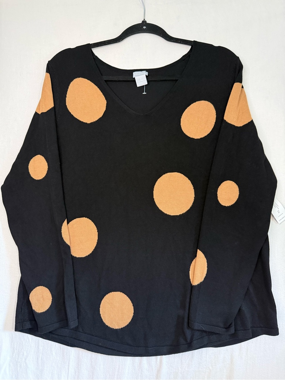 Chicos Polka Dot V-Neck Sweater Top - Black and Mustard NWT Size L